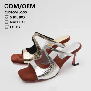 Women’s Genuine Leather Elegant Square Toe Block Heels Slip on Gold Open Toe Sandals