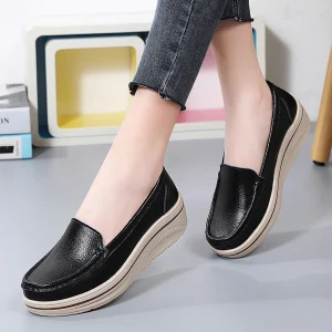 Women’s Genuine Leather Flats Slip-Resistant Breathable Lightweight Casual Platform Shoes Slip-On Closure for Summer