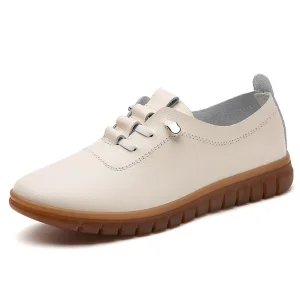 Women’s Genuine Leather Flats Soft Soled Closed-Toe Slip-On Loafers X-Strap Canvas Midsole Spring Summer Autumn