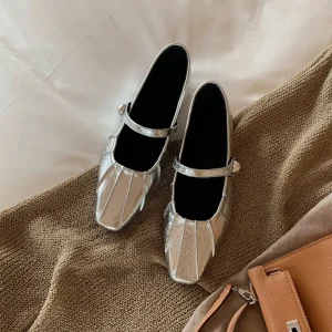 Women’s Genuine Leather French Gentle Single Shoe Silver Shallow Mouth Buckle Height Increasing Small Leather Shoes Mary Flats