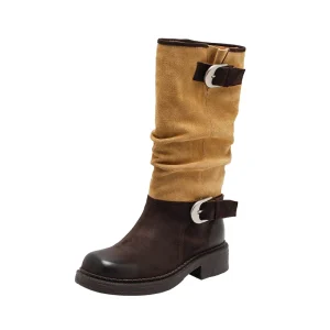 Women’s Genuine Leather Lace Up Buckle Color Block Comfort Soft Lightweight Over the Knee Boots