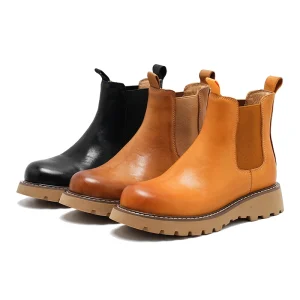 Women’s Genuine Leather Lace Up Elastic Mid Calf Boots Comfortable Breathable Western Cowboy Autumn Boots