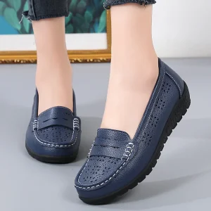 Women’s Genuine Leather Loafers Moccasins Adjustable Straps Slip-On Casual Hollow Nurse Shoes Mixed Colors Toe Height