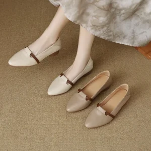 Women’s Genuine Leather Loafers Pointed Toe Block Heel Mary Jane Style Casual Slip On Shoes for Office Daily Wear