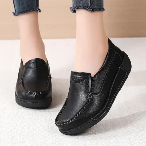 Women’s Genuine Leather Loafers Thick Rubber Outsole Slip On Casual Shoes