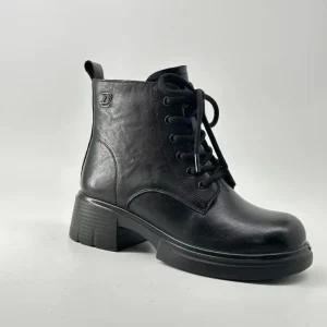 Women’s Genuine Leather Martin Boot Comfortable Daily Walking Ankle Bootie Embroidery Solid Color Side Zipper Chunky Heel