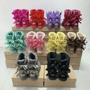Women’s Genuine Leather Mid Boot Snow Boots with Thickened Wool Lining Waterproof Anti Slip Enhanced Bow Detail