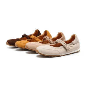 Women’s Genuine Leather Ruched Elastic Band Ballet Style Flats Light Weight Soft for Autumn Spring Summer