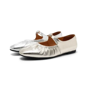 Women’s Genuine Leather Ruched Mary Jane Flats Soft Lightweight for Spring Summer Autumn