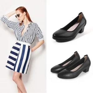 Women’s Genuine Leather Single Shoe Comfortable Soft Sole Wedges Square Toe Slip On Professional Stewardess Office Summer