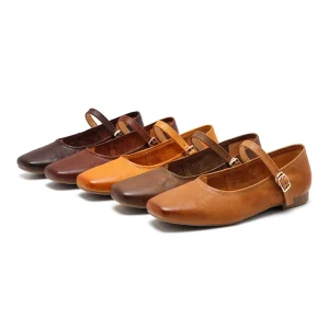 Women’s Genuine Leather Single Strap Buckle Mary Jane Flats Lightweight Soft for Autumn Spring Summer