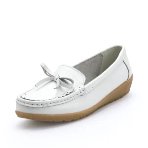 Women’s Genuine Leather Slip-On Loafers Floral Pattern Bow Large Size Light Flat Summer Anti-Slippery