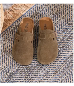 Women’s Genuine Leather Slip On Slippers Autumn Winter New Style Toe Retro Mules Flat Heeled Lightweight Wear resistant