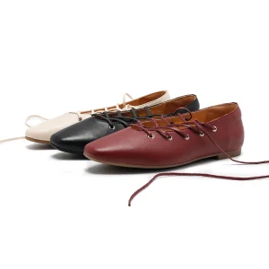 Women’s Genuine Leather Soft Light Weight Lace-Up Ballet Flats for Spring Summer Autumn