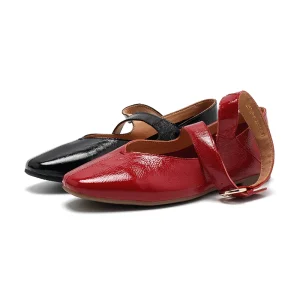 Women’s Genuine Leather Soft Lightweight Glossy Single Buckle Mary Jane Flats for Autumn Spring Summer