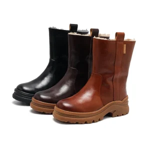 Women’s Genuine Leather Thickened Lace-Up Breathable Comfort Western Calf Boots with Rubber Outsole