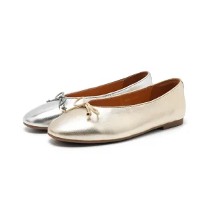 Women’s Genuine Leather Upper Lightweight Anti-Slip Flat Sole Ballet Flats with Metallic Bow Design