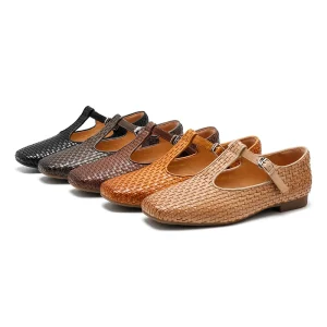 Women’s Genuine Leather Woven T-Strap Mary Jane Flats Light Weight Soft for Summer Spring Autumn
