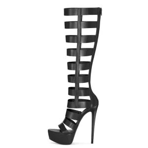 Women’s Gladiator Heels Knee High Platform Stiletto Cage Boots Multi Strap Roman Sandals OEM Custom