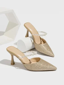 Women’s Glitter Granule Leather Slip on Mules Pearl Chain Ankle Strap Spool Heel Pointed Toe Bridal Wedding High Heel Sandals