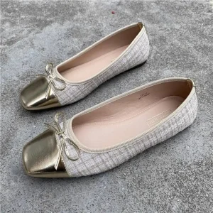 Women’s Gold Bow Design Slip On Soft Ballet Flat Women Bow Flat Matching Color Single Shoes Ladies Office Work Dress Shoes