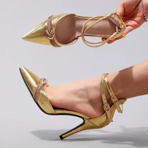 Women’s Gold Elegant Super High Stiletto Heel Sandals Diamond with Pointed Toe Cross Border for Women Party Shoes
