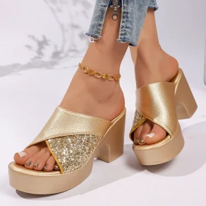 Women’s Gold Glitter Platform Block Heel Mules Open Toe Chunky Summer Shoes
