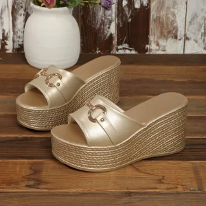 Women’s Gold Open Toe Wedge Slide Sandals with Metal Buckle Espadrille Platform Mules