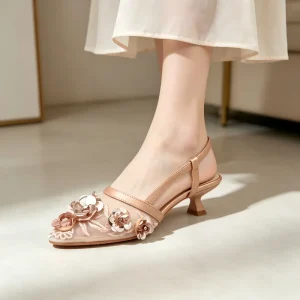 Women’s Gold Sequin Flower Mesh Slingback Kitten Heels Pointed Toe Wedding Pumps for Bridal Party