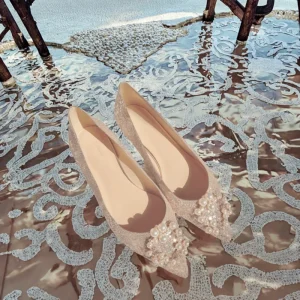 Women’s Gold Sequin Pointed Toe Slip On Flats Pearl Decor Bridal Shoes Elegant Party Evening Wedding Dress