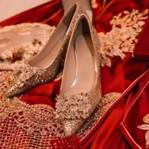Women’s Gold Wedding Shoes Two-Way Bridal Crystal High Heels Engagement and Summer Wedding Shoes