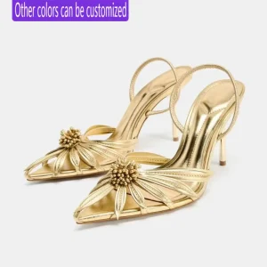 Women’s Golden Flower Pointed Heeled Mules Slip-On Sexy Spring Sandals