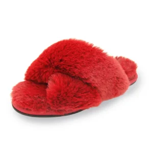 Women’s Golden Fur Open Toe Slippers Fluffy Cozy Cross Band with Soft Plush EVA Outsole Winter Cross Slippers Red