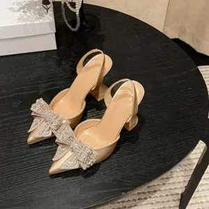 Women’s Golden High Heels Pointed Bow Crystal Slider Height Increasing Feature Party Bride Wedding Dress Outdoor Summer