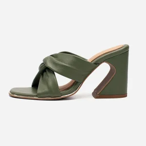 Women’s Green Block Square Heel High-heeled Sandals Open Toes Summer Style Backless Buckle Strap Closure Ribbon Decoration