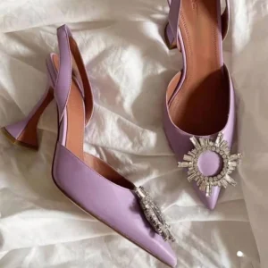 Women’s Half Slippers Sandals Rhinestones Satin Wine Glass Heel Shoes Pointed Toe Breathable