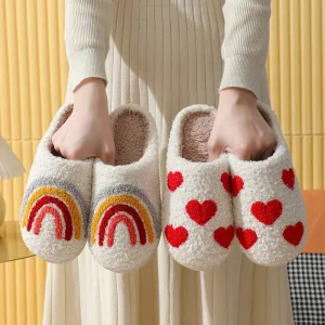 Women’s Halloween Indoor Home Slippers Peach Heart Cotton Fabric TPR Warm Rainbow Plush Fur Lining