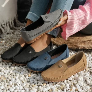 Women’s Hand Stitched Slip on Loafers Comfort Metal Decor Flats for Office & Daily Wear Low Price & High Quality