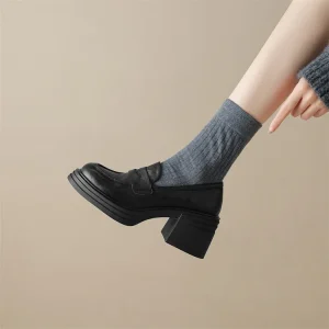 Women’s Handmade Round Toe Platform Block Heel Loafers Fashion High Heel Slip-on Dress Shoes for Daily Office Casual Wear