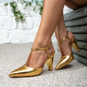Women’s Heeled Sandals Gold Metallic Pointed Toe Chain Ankle Strap Block Evening Dress Ladies High Heel