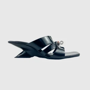 Women’s Heeled Slippers and Sandals Square Open Toe Metal Decorative Slides Shoes Slip On 5.3CM Heels Pumps