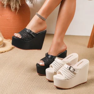 Women’s Height Increasing Wedge Heel Slide Sandals Versatile Hollow Out Buckle Rubber Outsole Leather Upper Shoes