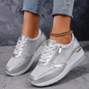 Women’s Height Increasing Wedge Sneakers With Side Zipper and Glitter Accent Casual Walking Shoes