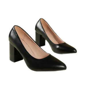 Women’s High Chunky Block PU Leather Slip on Pumps Pointed Toe Work Dress Office Wedding Party Shoes with Closed Toe Heels
