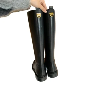 Women’s High Grade Cowhide Leather Boots Chunky Heel Genuine Leather Lining Zipper Flat Knight Style for Summer Autumn
