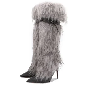 Women’s High Heel Knee High Fur Boots Pointed Toe Tassel Detail Faux Feather Autumn Winter