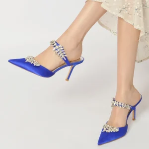 Women’s High Heel Pointed Toe Diamond Half Toe Slippers for Weddings Bridal Shoes Matron of Honor Shoes Banquet Shoes