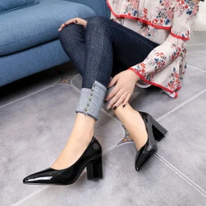 Women’s High Heel Sandals Red and Black Block Low Cut Pointed Toe Pumps Summer and Winter Work Slip On Heels