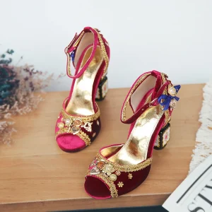 Women’s High Heel Sandals Spring Gold Velvet Handmade OEM&ODM