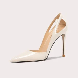 Women’s High Heel Shoes with Contrasting Color Sole Simple Slim Heel Glossy Finish Shallow Mouth Pointed Toe Slip On Closure